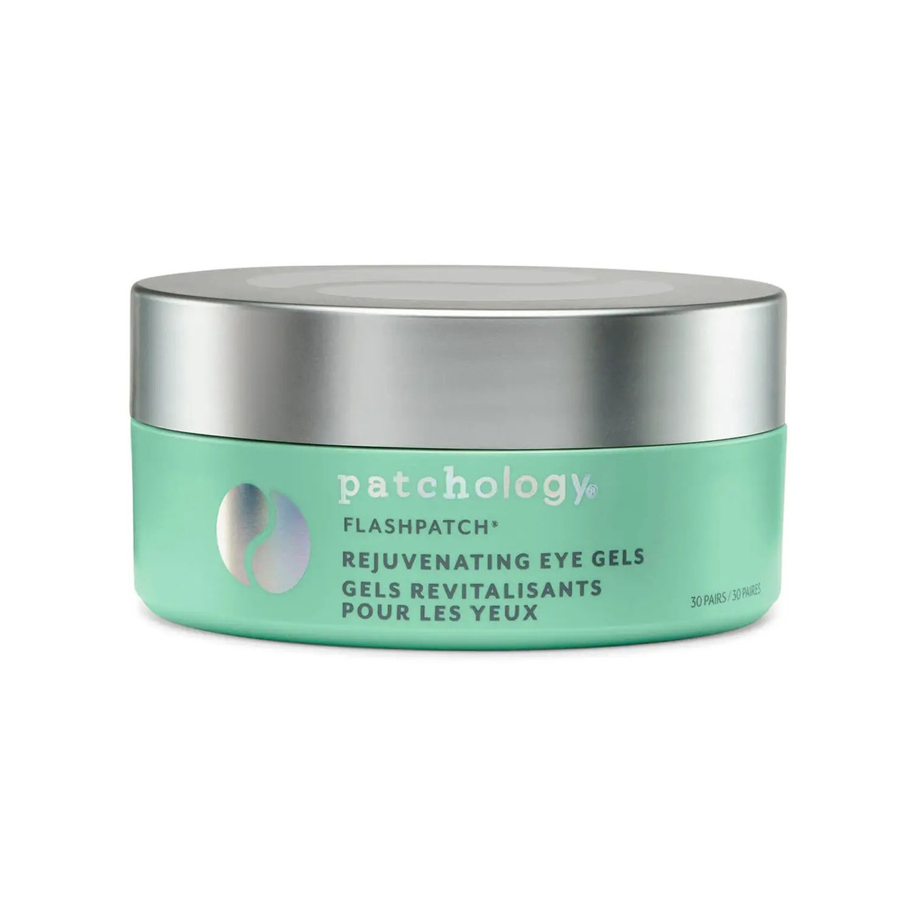 Patchology Flashpatch Rejuvenating Eye Gels mint jar with silver lid on white background