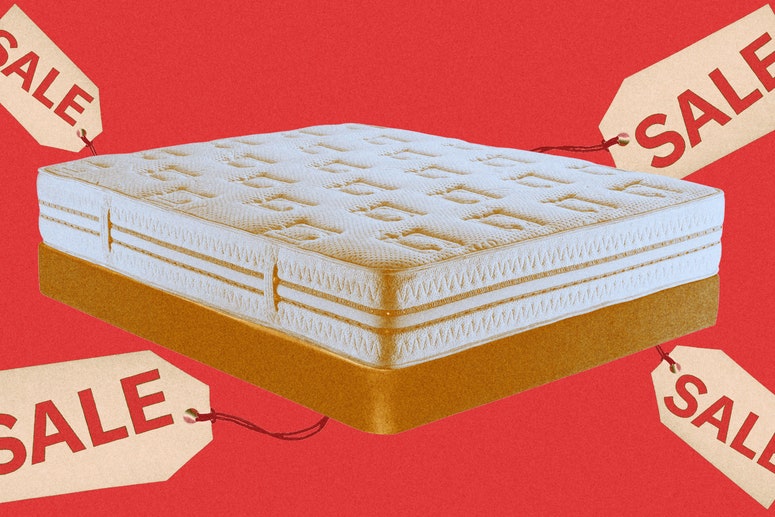 A collage of a blue and gold mattress with tags that say "SALE" on it on a red background