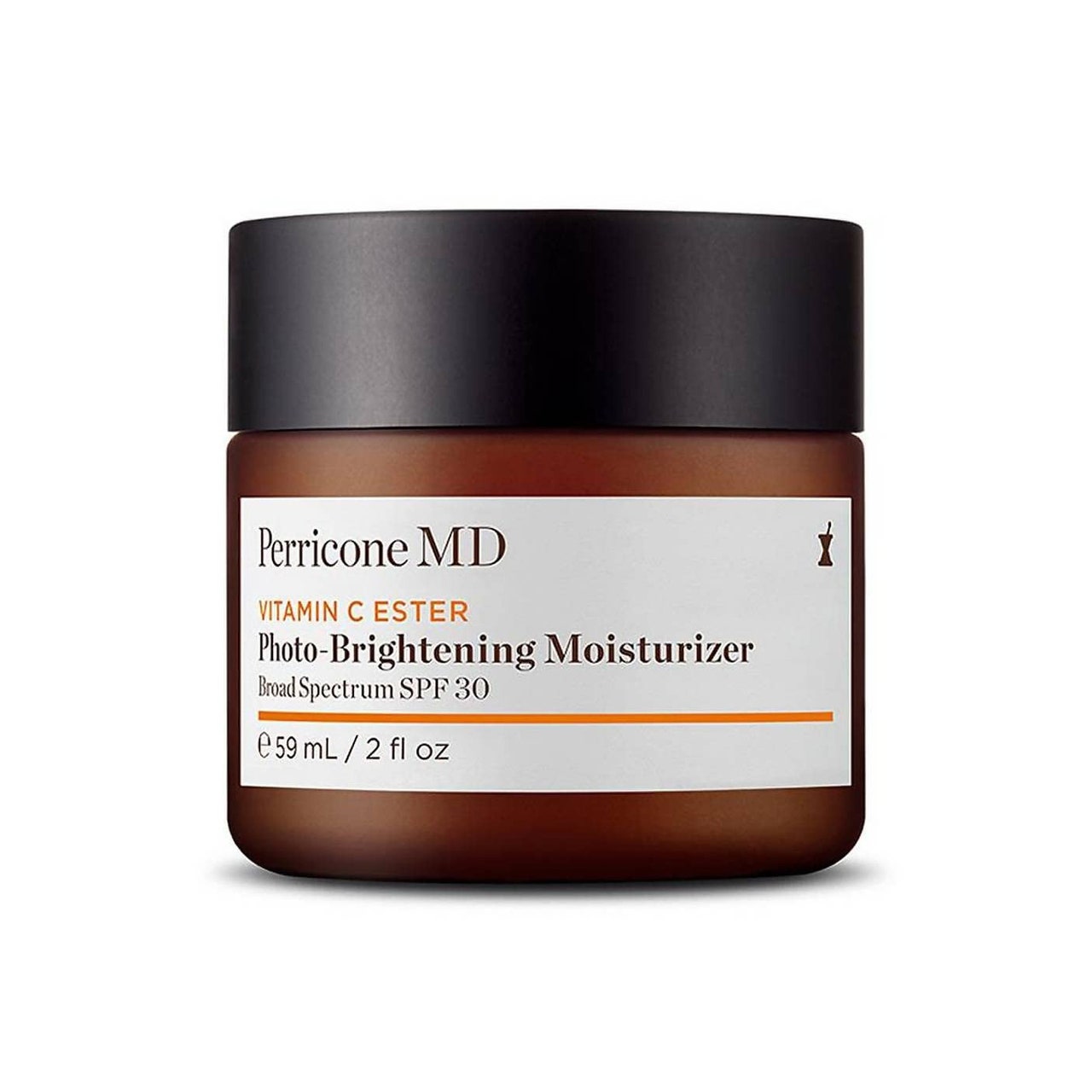 Perricone MD Vitamin C Ester Photo Brightening Moisturizer Broad Spectrum SPF 30 brown jar with white label and black lid on white background