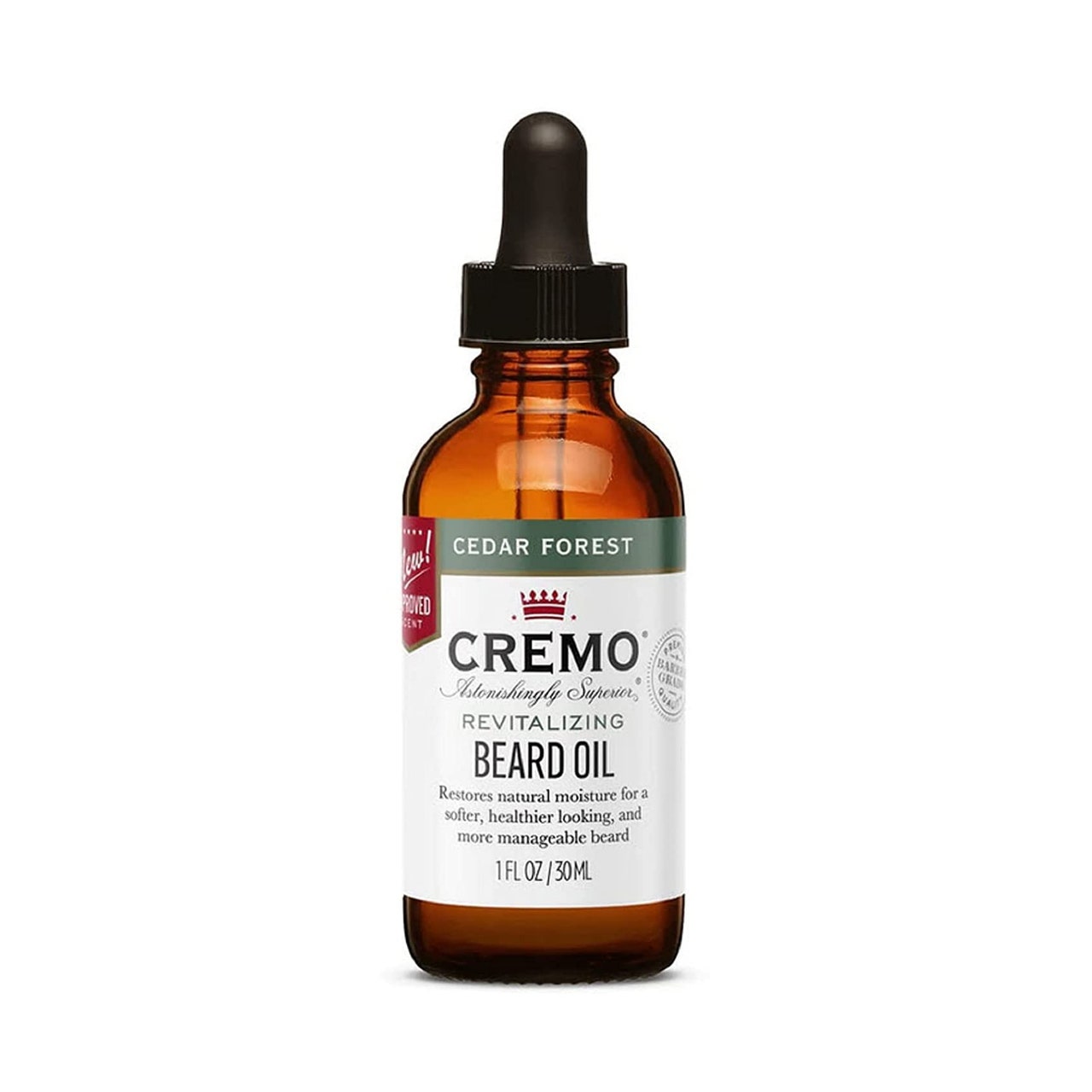 Cremo Beard Oil brown serum bottle with white label and black dropper cap on white background