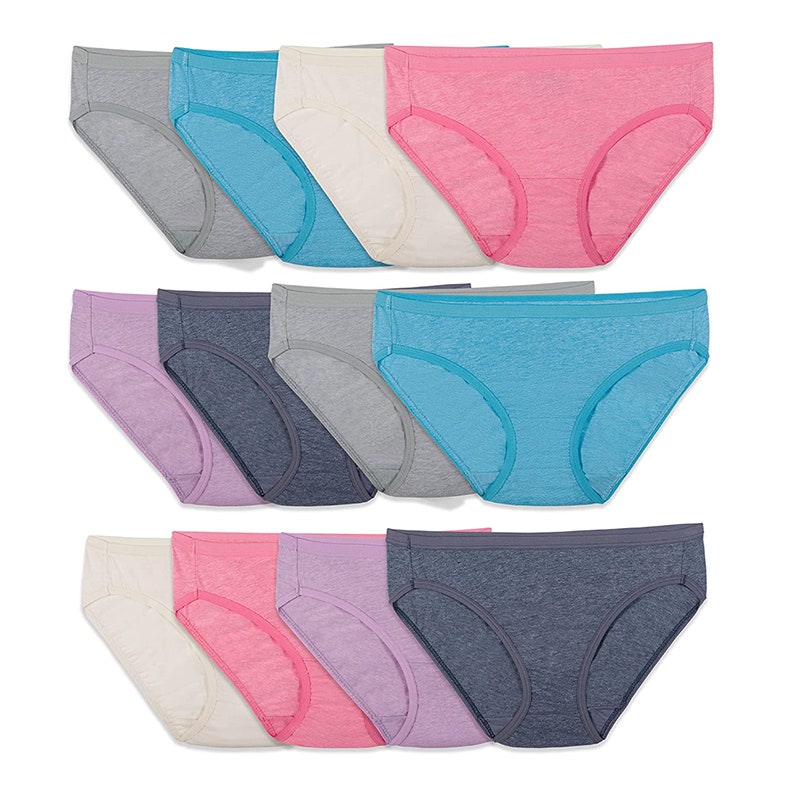 12 women's bikini underwear in different colors on a white background