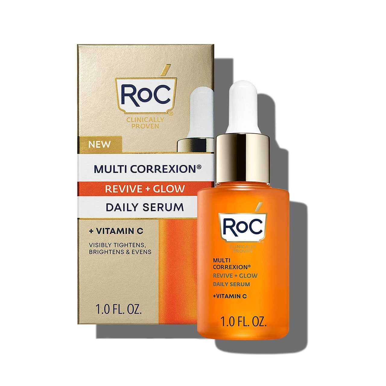 RoC Multi Correxion Revive + Glow Vitamin C Serum orange serum bottle with gold and white dropper cap and gold box on white background