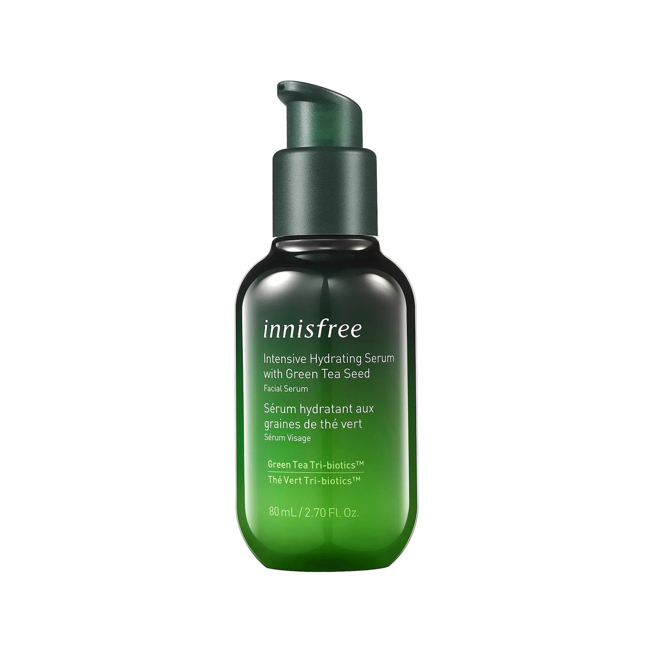 Innisfree Intensive Hydrating Serum with Green Tea Seed green bottle with pump cap on white background