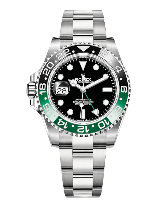 a steel watch with a green and black bezel