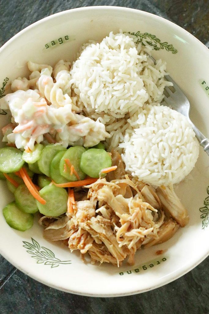 Recipes for a Tropical-Inspired Plate Lunch: Hawaiian Chicken, Hawaiian Mac Salad, Coconut Rice, and Cucumber and Carrot Salad