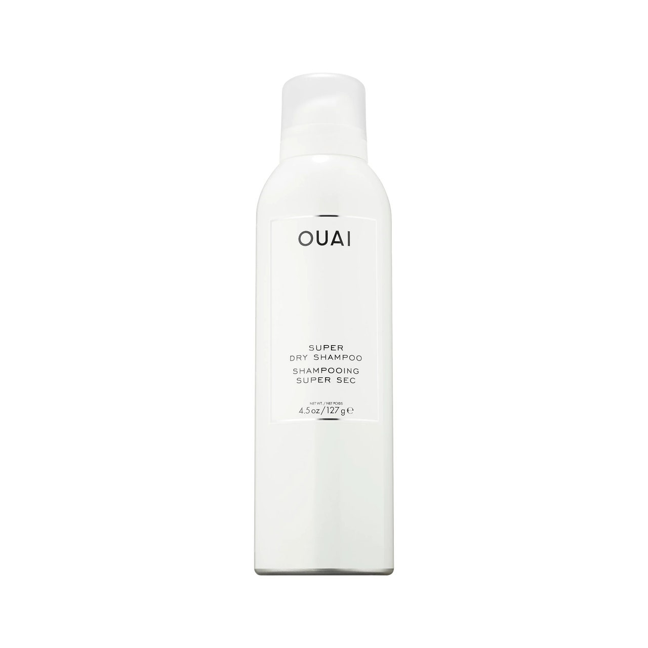 Ouai Super Dry Shampoo white aerosol bottle on white background