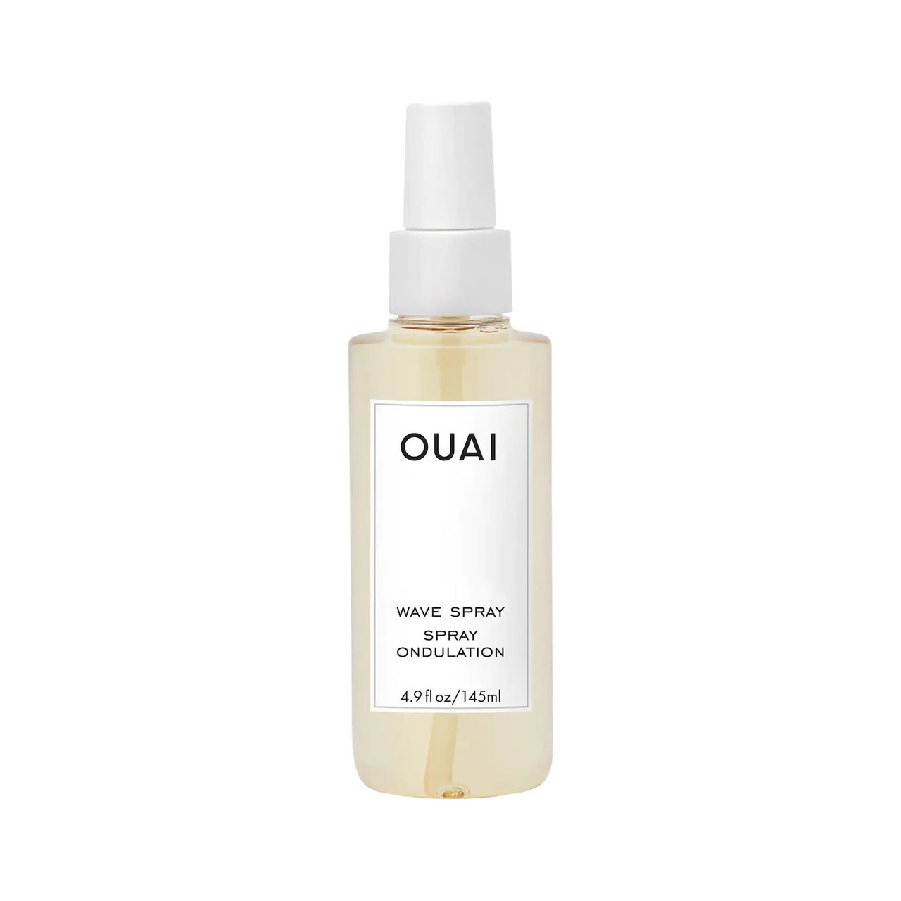 Ouai Wave Spray transparent spray bottle of pale yellow wave spray on white background