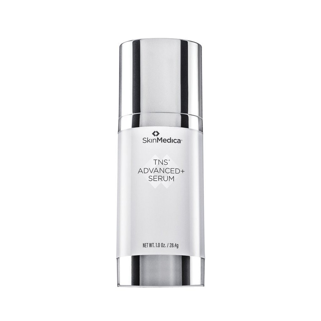 SkinMedica TNS Advanced+ Serum white bottle with silver chrome cap on white background