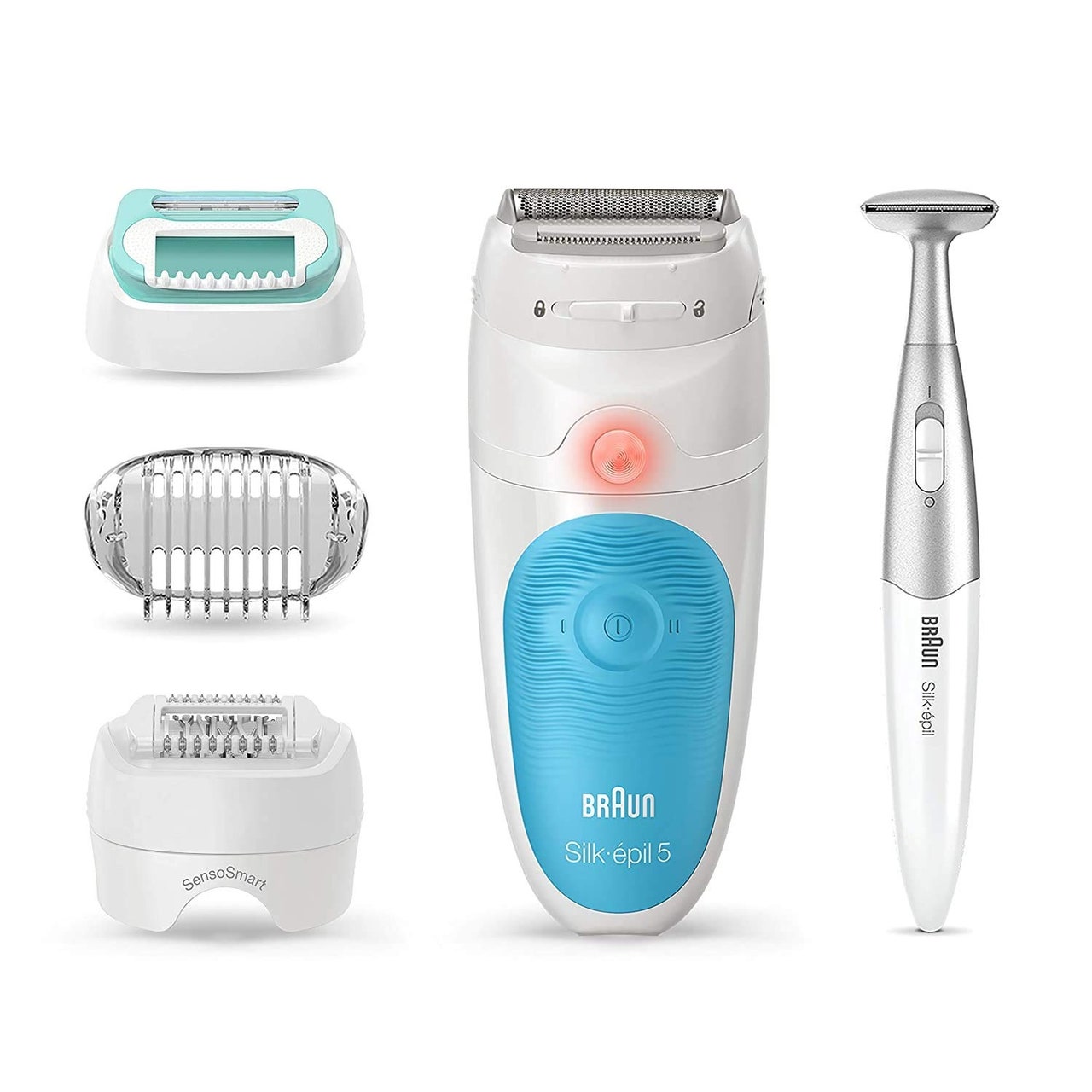 A blue and white Braun Epilator Silk-épil 5 5-810 and heads/attachments on white background