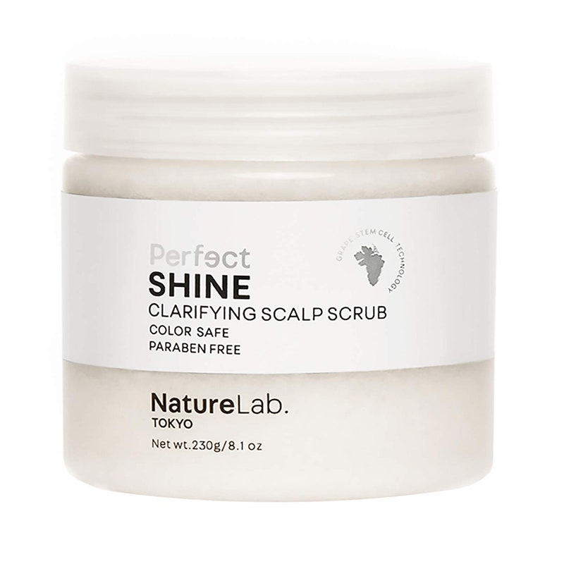 A white jar of the NatureLab Tokyo Perfect Shine Scalp Scrub on a white background