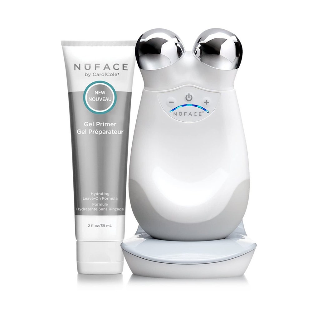 A white NuFace Trinity device and gel primer on white background 