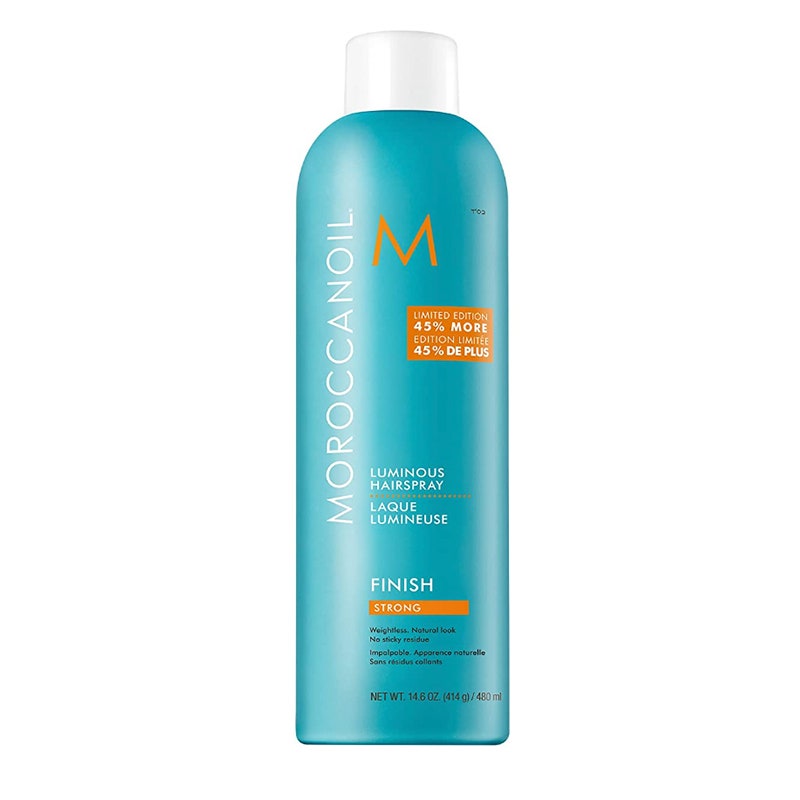 The blue Moroccanoil Luminous Strong Hold Hairspray on a white background