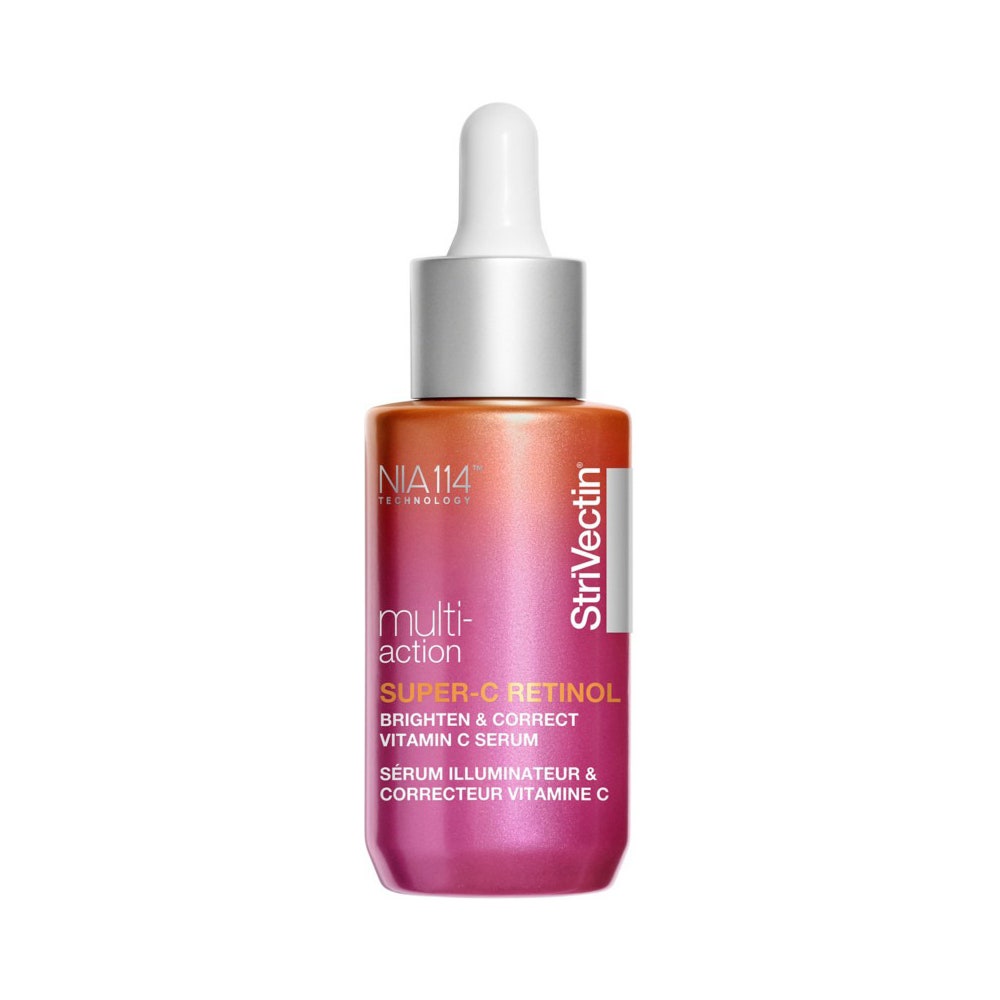 StriVectin Multi-Action Super-C Retinol Brighten & Correct Vitamin C Face Serum orange to pink serum bottle with gray and white dropper cap on white background