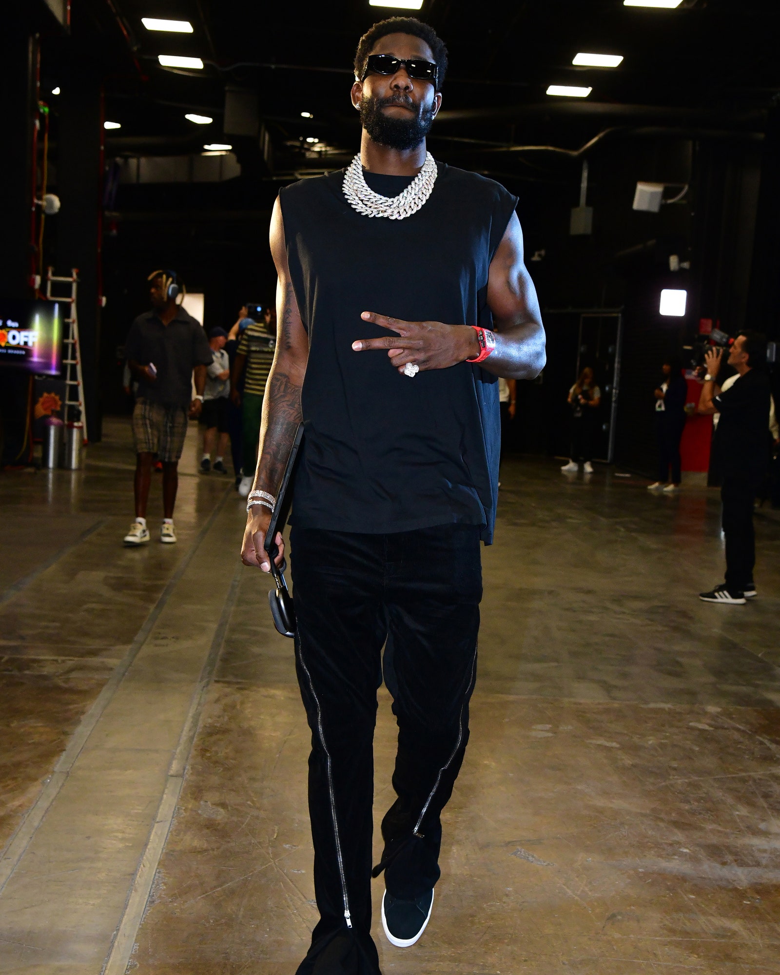 Deandre Ayton 22 of the Phoenix Suns arrives to the arena before the game against the Dallas Mavericks