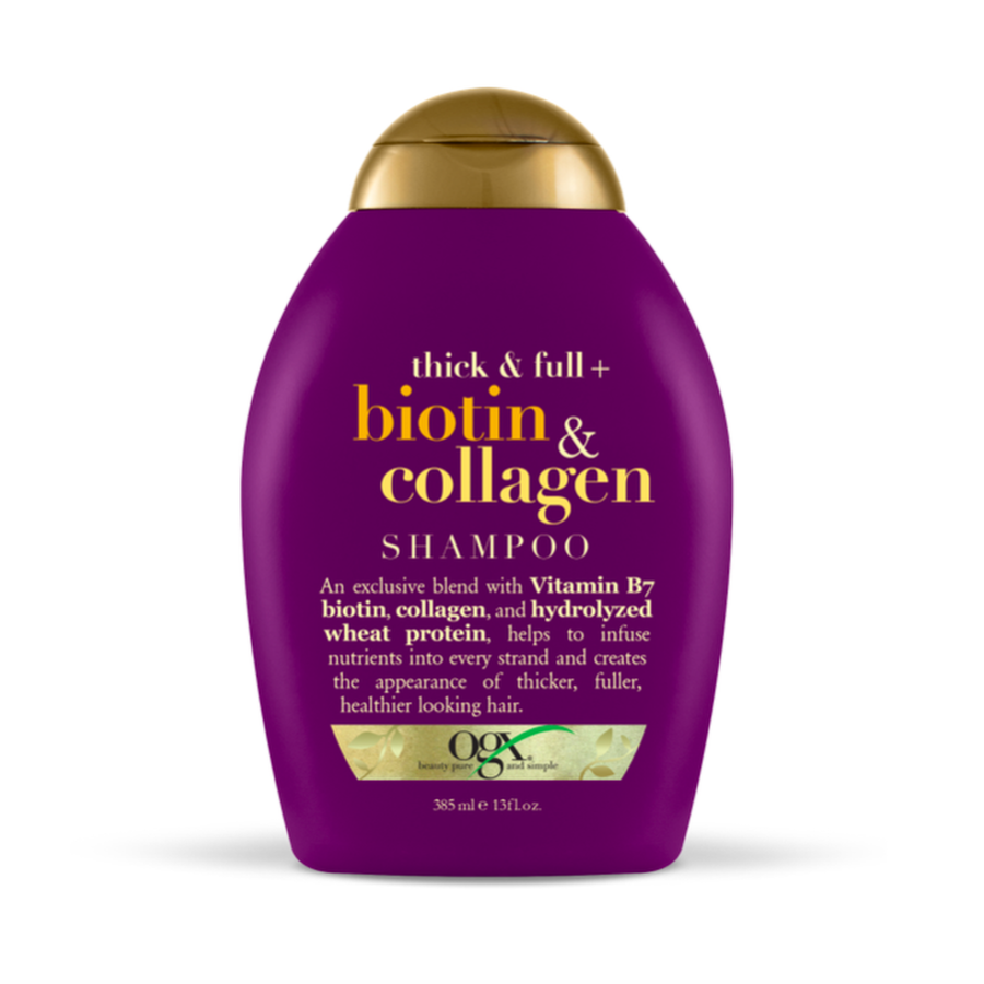 OGX Thick & Full Biotin & Collagen Shampoo on white background